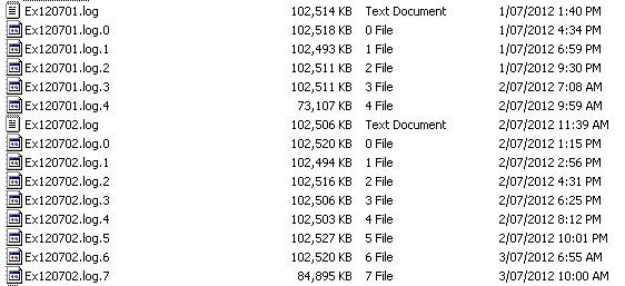 Directory Showing Daily Web Server Logs Broken Into 100MB Incremental Files