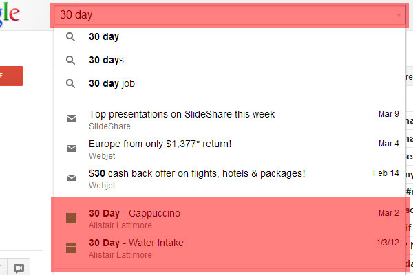 Gmail Search Field Trial: 30 Day Search