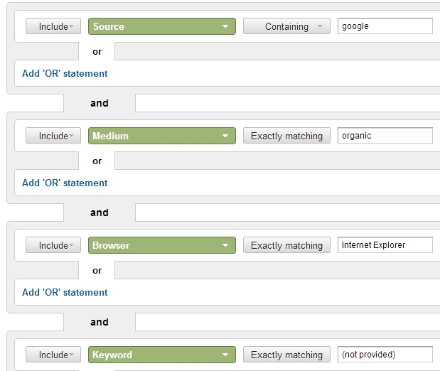 Google Analytics Advanced Segment: Source Google, Medium Organic, Browser Internet Explorer, Keyword (not provided)