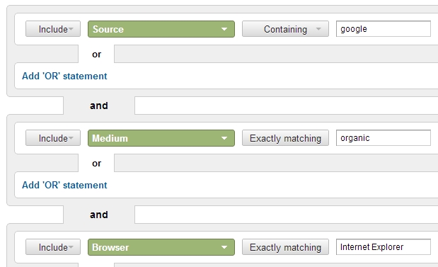 Google Analytics Advanced Segment: Source Google, Medium Organic, Browser Internet Explorer